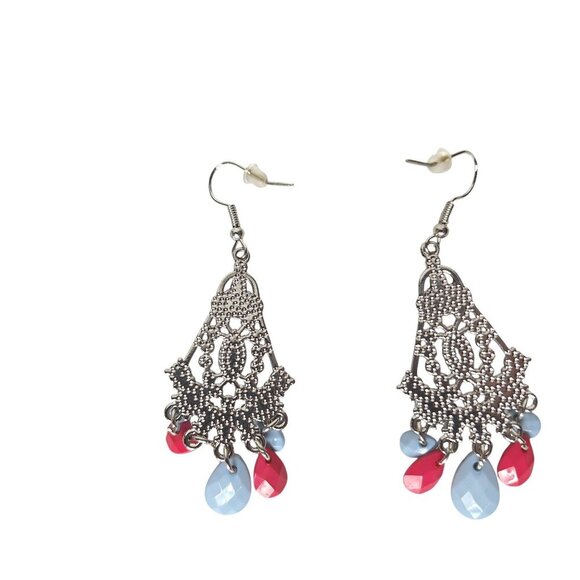 Boho Chandelier Drop Earrings Pink Blue Beaded Statement Dangle Vintage Style - Picture 2 of 2